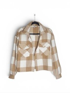 Cropped Flannel Shacket Jacket - Camel & White Plaid